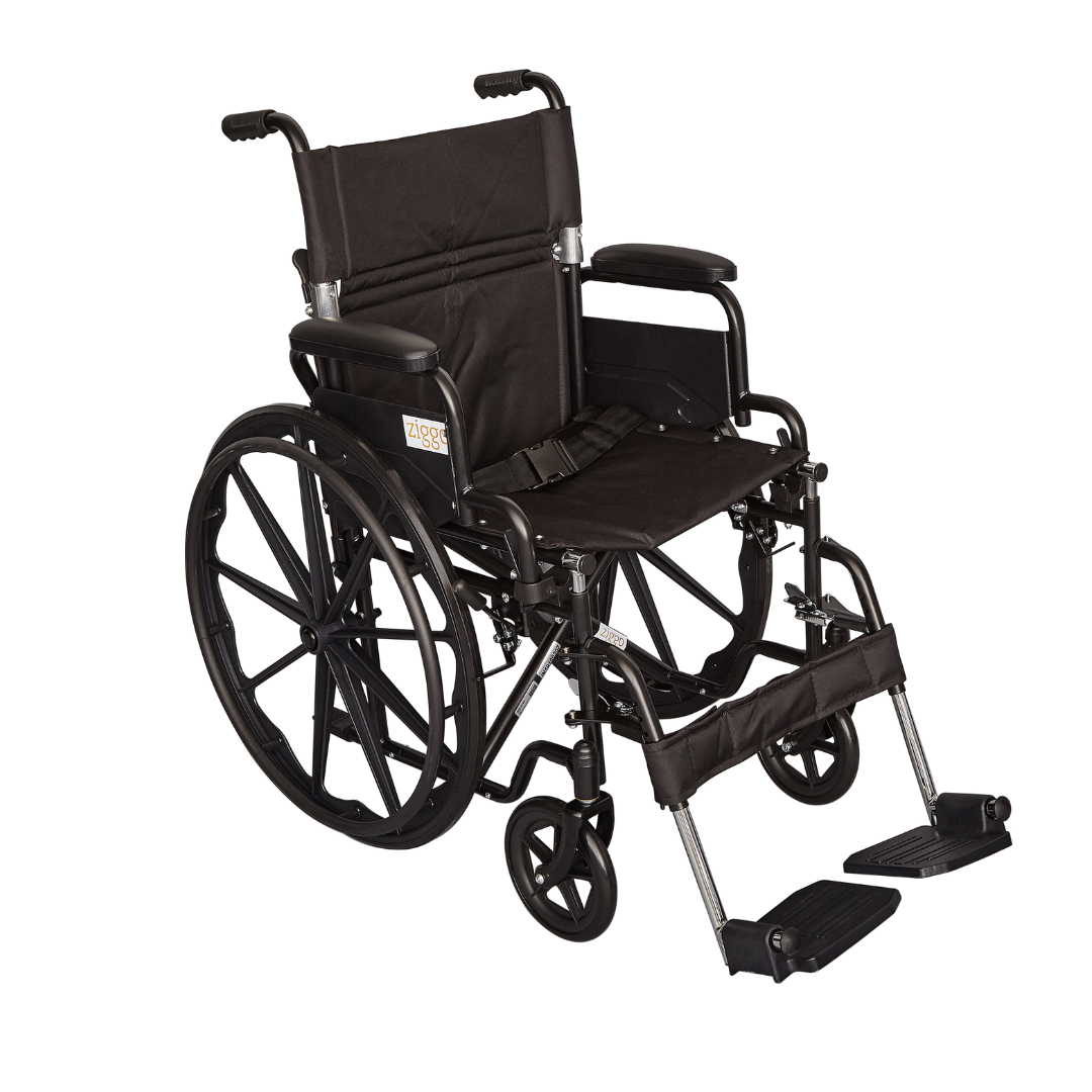The Circle Specialty ZIGGO Pediatric Wheelchair in black features large rear wheels, small front wheels, armrests, and footrests. Displayed on a white background.